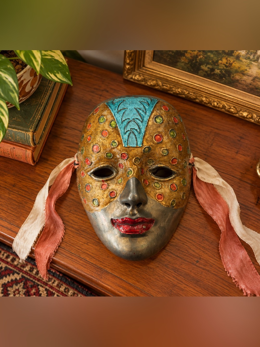 Vintage painted solid brass Mask Gold Tone Art Ribbon Mardi Gras 5’x4’